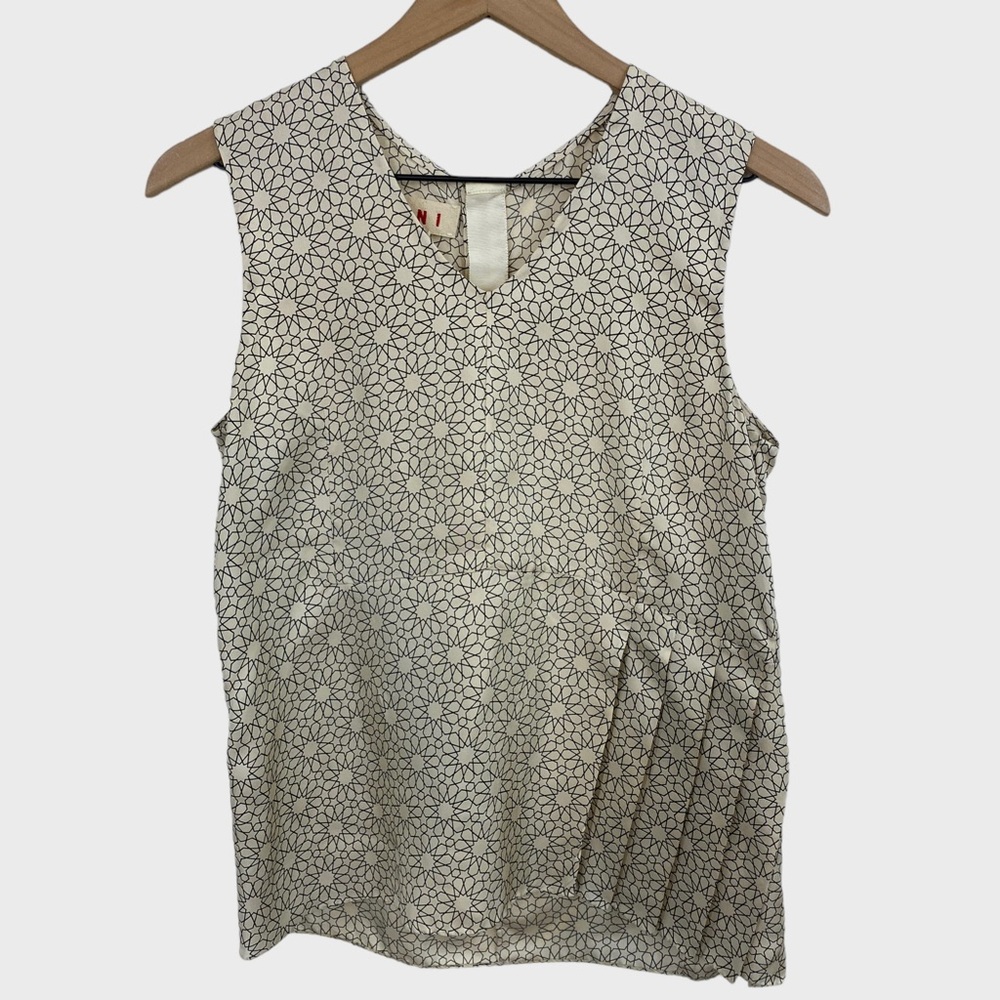 MARNI Ivory + Black Star Print Asymmetrical Side Pleat Sleeveless Top Size 38